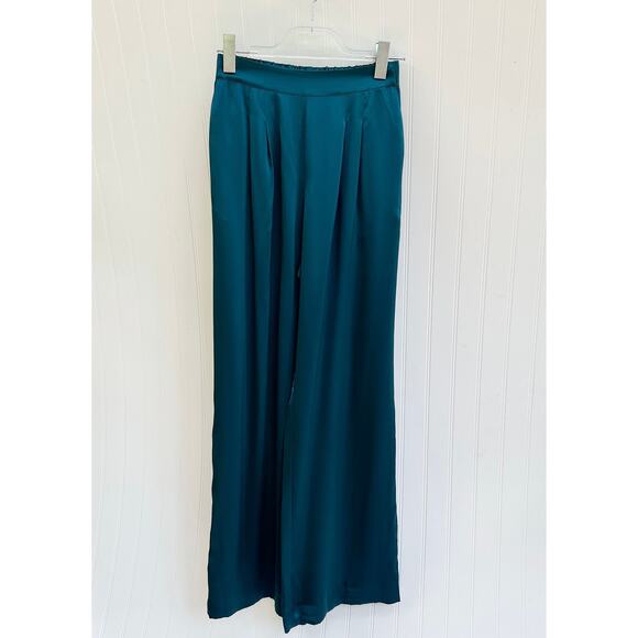 Cuyana Silk Pleated Charmeuse Wide Leg Teal Blue Pants Trousers Small - Picture 1 of 6